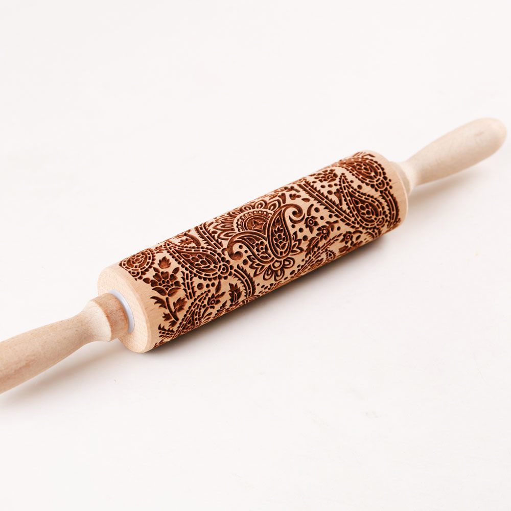 1 pcs Wooden Sunflower Embossed Rolling Pin with Pattern for Kitchen Pastry, Baking Tools, Deep Engraving Cookies Stamp Tool