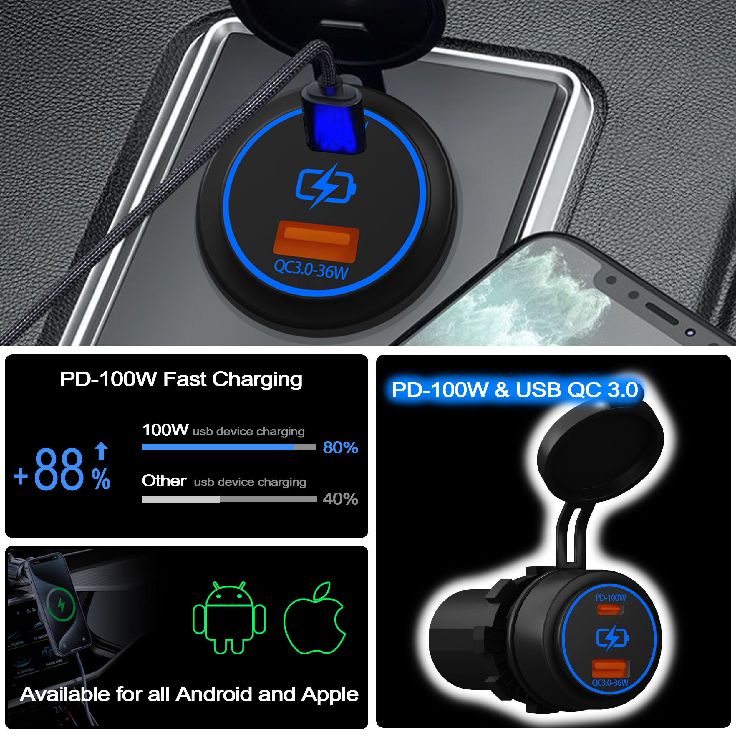 PD 100W snellader en QC 3.0 snelle voeding met blauwe LED dubbele USB autoladeradapter voor auto marine vrachtwagen camper waterdicht