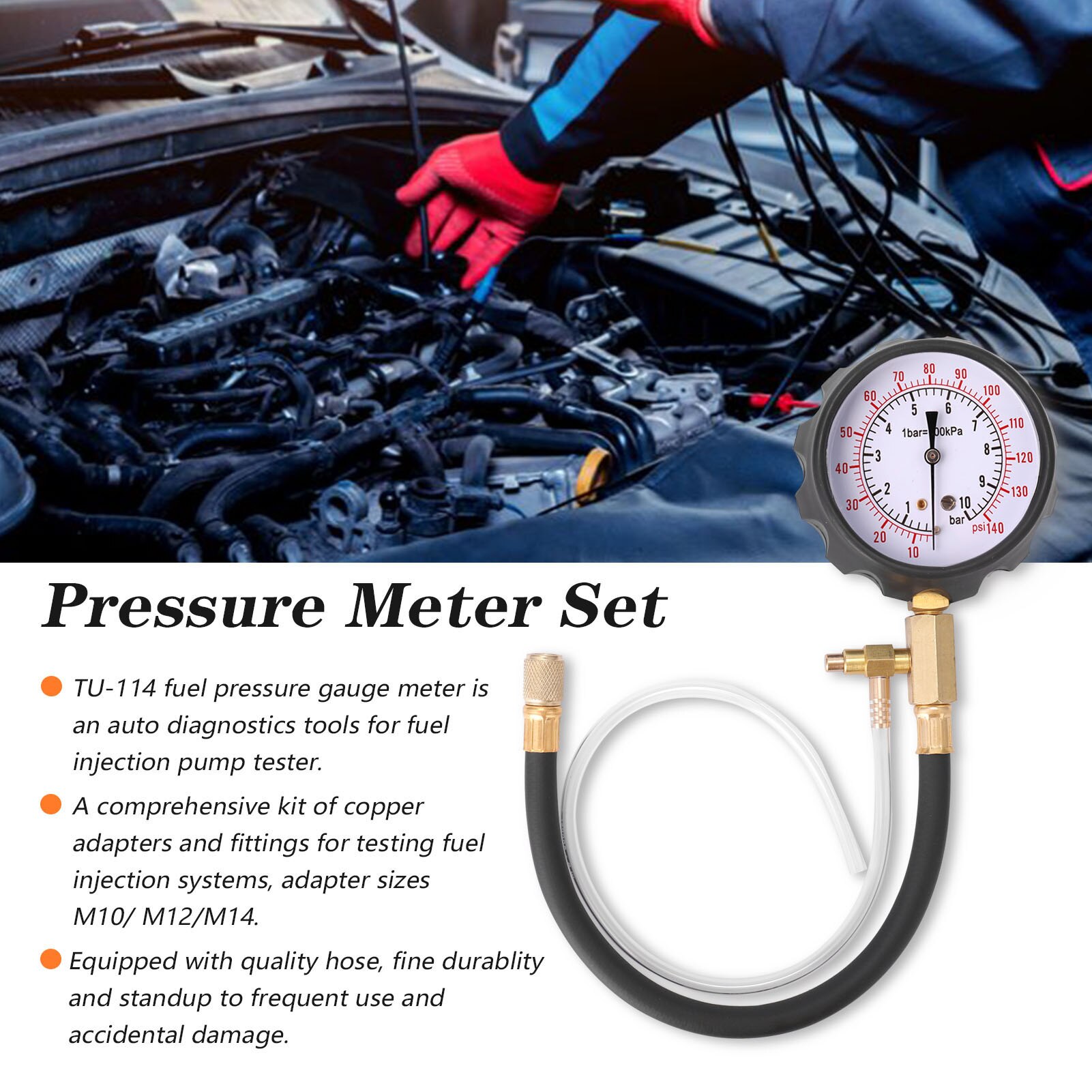 TU-114 0-140 PSI/0-10 Bar Fuel Injection Pressure Meter Pump Tester Compression Pressure Gauge Gasoline TU114-1014G