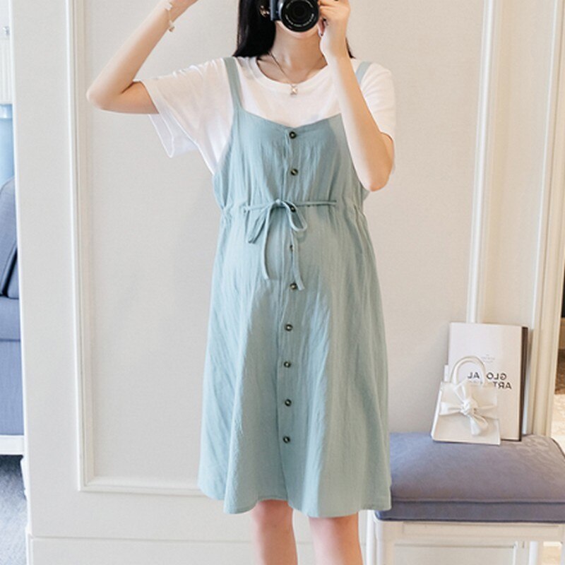 Plus Größe Mutterschaft Kleid Weiß T-Shirt + Leine Gurt Kleider Zwei Stück einstellen Sommer Kleidung für Frauen Solide farbe Schwangere Kleider: Grün / M