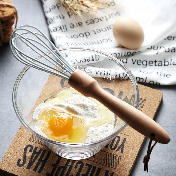 Batidor de huevos de madera y silicona, herramienta Manual de cocina creativa con mango de madera, agitador, para hornear huevos, 25CM, 30CM