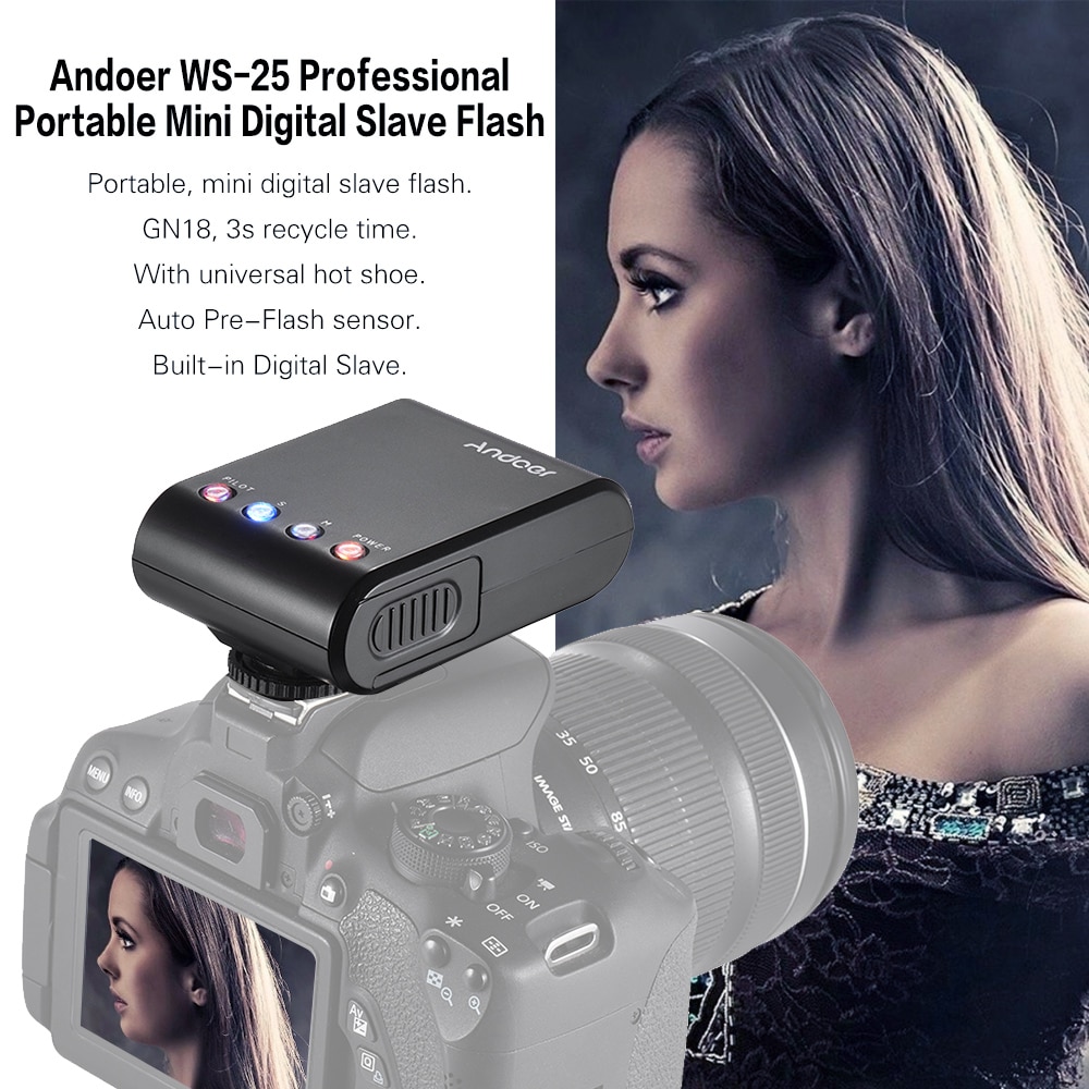 Andoer WS-25 Mini Digital Sklave Blitz Speedlite Auf-Kamera-w/Universalschuh GN18 für Kanon Nikon Pentax Sony