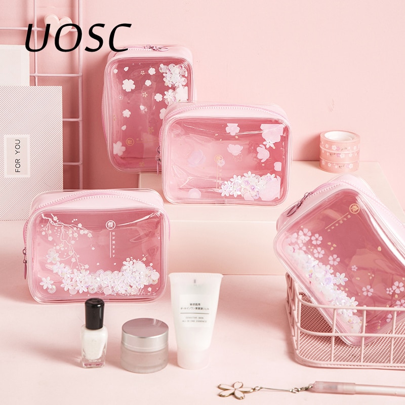 Uosc bolsa de maquiagem com flores de cereja, capa para cosméticos, organizador de viagem, transparente, de pvc