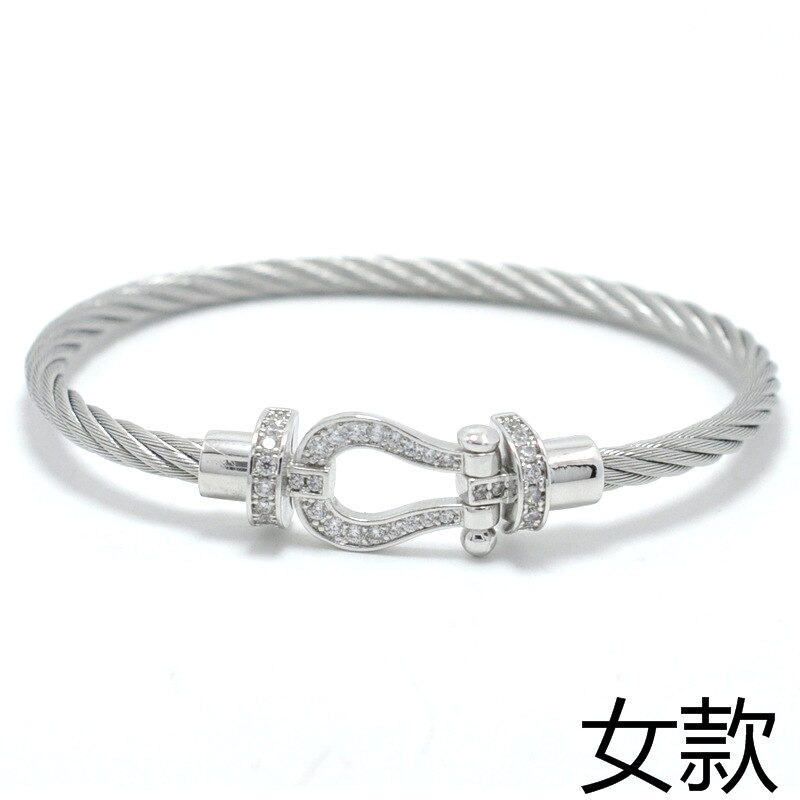 Titanium Steel Wire Rope Magnetic Buckle-encrusted Zircon Bracelet: Silver Women