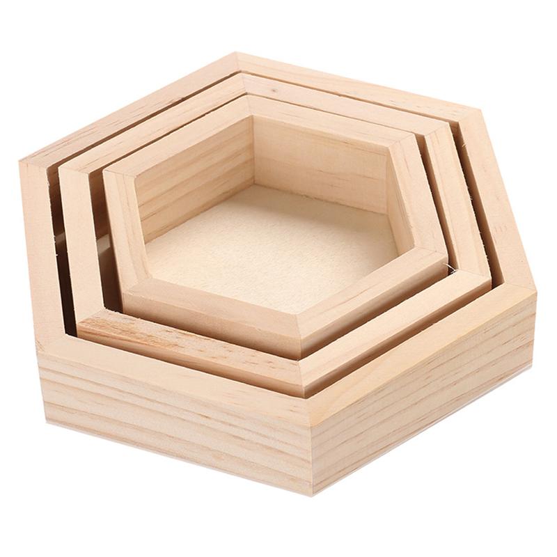 3 stk /1pc træ smykker opbevaringsbokse armbånd halskæde display bakke plade sekskant trækasser arrangør fade bakke: 3 stk 3 størrelser