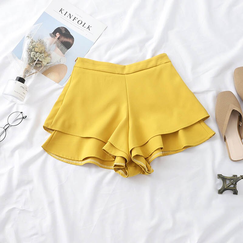 HELIAR-short coupe trapèze, ourlet volant, , jambes larges, taille élastique, ample, été décontracté: yellow / L