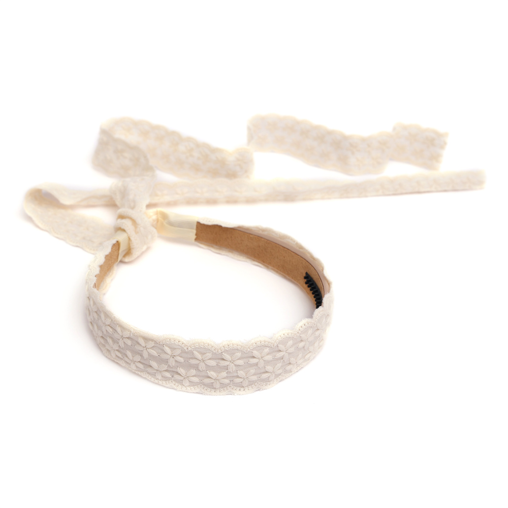 Cotton Eyelet Ribbon Hair Accessories Dressy headband bow clip For Girl: Ivory