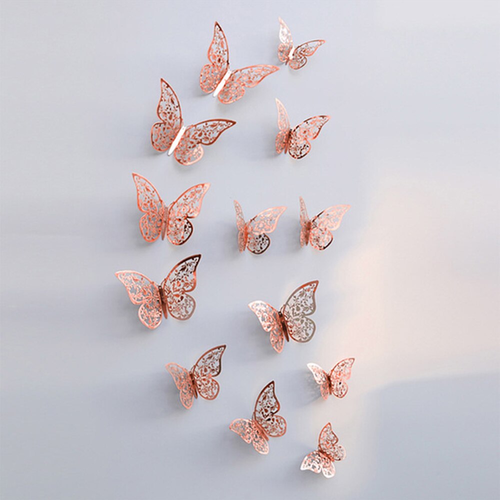 12pcs/set Hollow 3D Butterfly Wall Sticker for Wedding Decoration living room window Home Decor Gold silver Butterflies stickers: Rose gold C