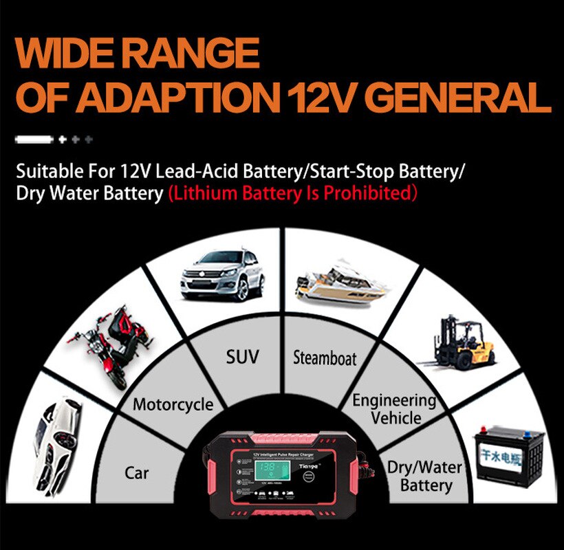 Motorcycle Car Battery Charger 12V 6A Intelligent Automatic Fast Power Charging Wet Dry Lead Acid LCD Display