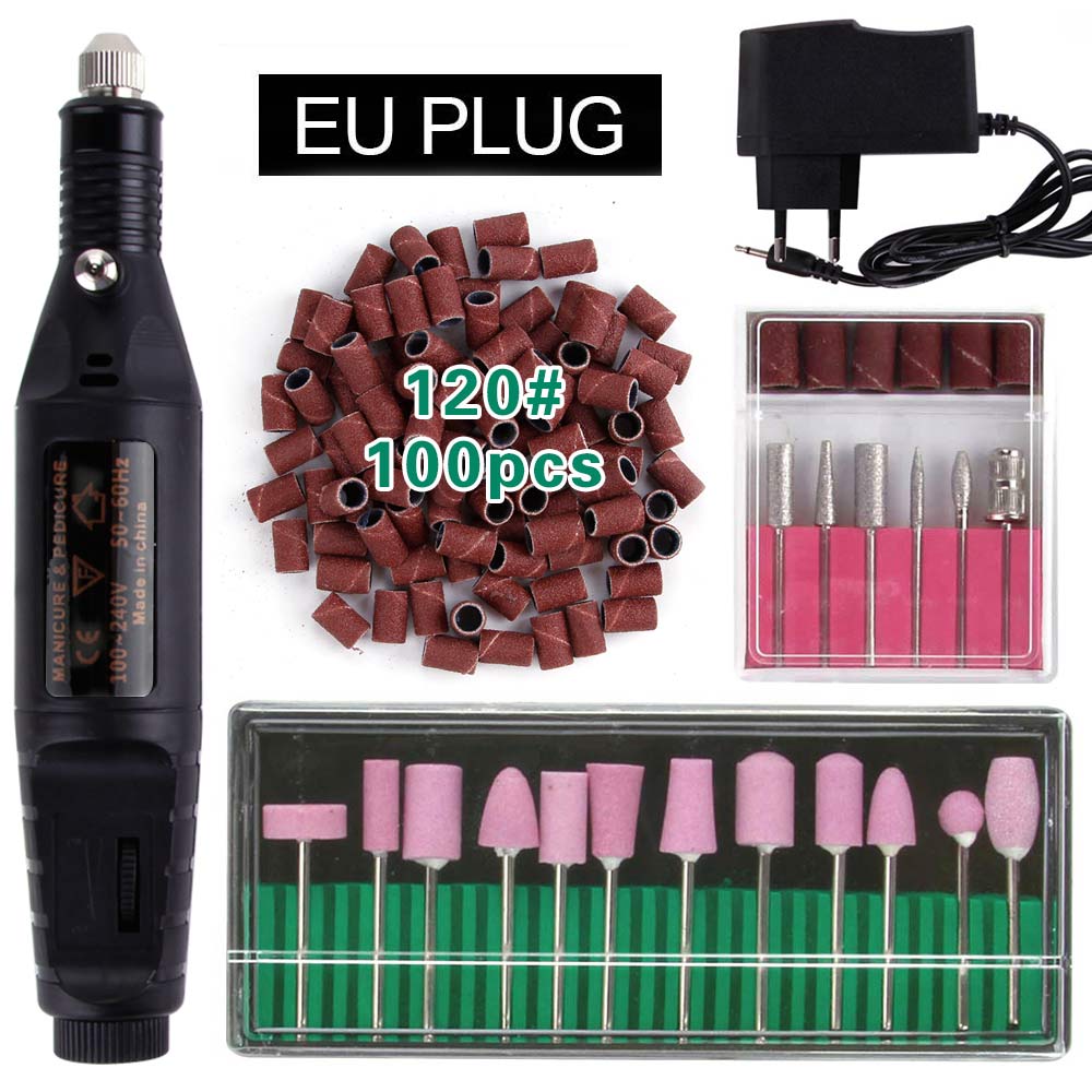 Elektryczne aparaty do Manicure urządzenie do Pedicure kwarcowe wiertła do paznokci 100Pc szlifowanie taśmy szlifierskie pilnik do paznokci bufor żel usuń: Black EU Plug 120