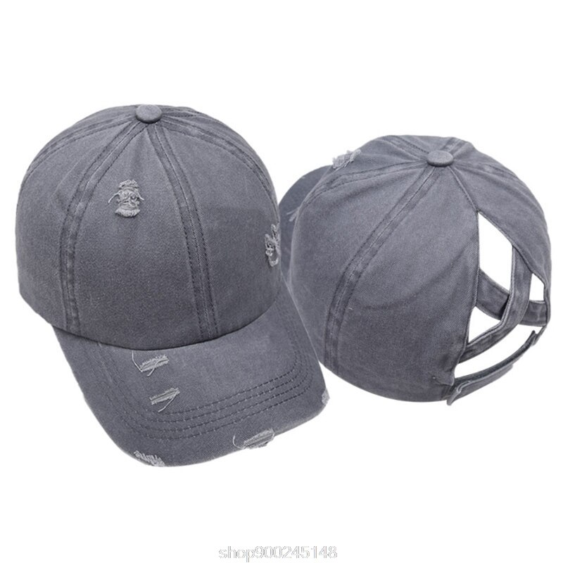 Femmes lavé casquette de Baseball crème solaire en détresse déchiré Criss croix haute queue de cheval réglable chapeau de relance N12 20 directe: Gris clair