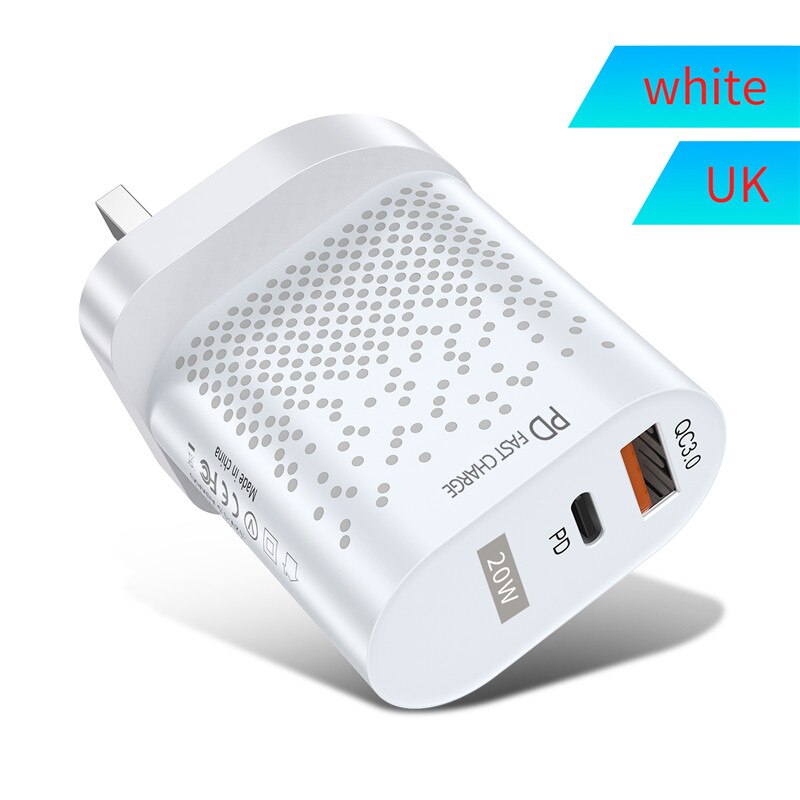 PD 20W USB Type C Charger For iPhone 13 12 Pro Max Mini Quick Charge 3.0 QC USB C Fast Charging Travel Wall For Xiaomi Samsung: UK White