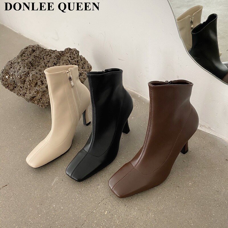 Ankelstøvler til kvinder firkantede sko vinter korte støvler lynlås tynde hæle behagelige dame støvler zapatillas mujer