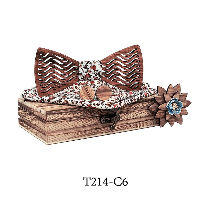 Nowy projekt drewniane drewno wydrążjeden muszki muszka z kieszonką kwadratowe spinki robić mankietów broszka dla mężczyzn zestaw upominków na boże narodzenie z pudełkiem krawaty: T214-C6