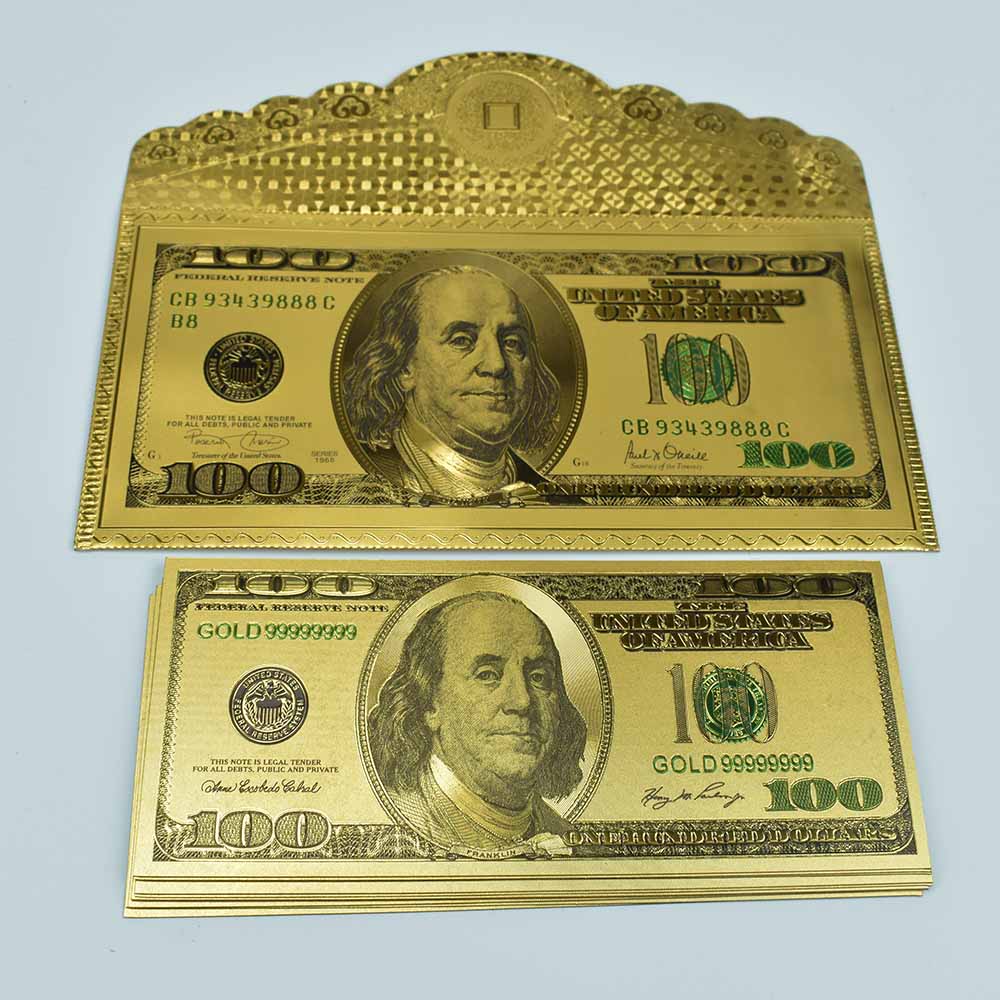 Billetes de papel de aluminio dorado con 100 dólares, billetes falsos para colección, con 100 dólares de América, 10 Uds.