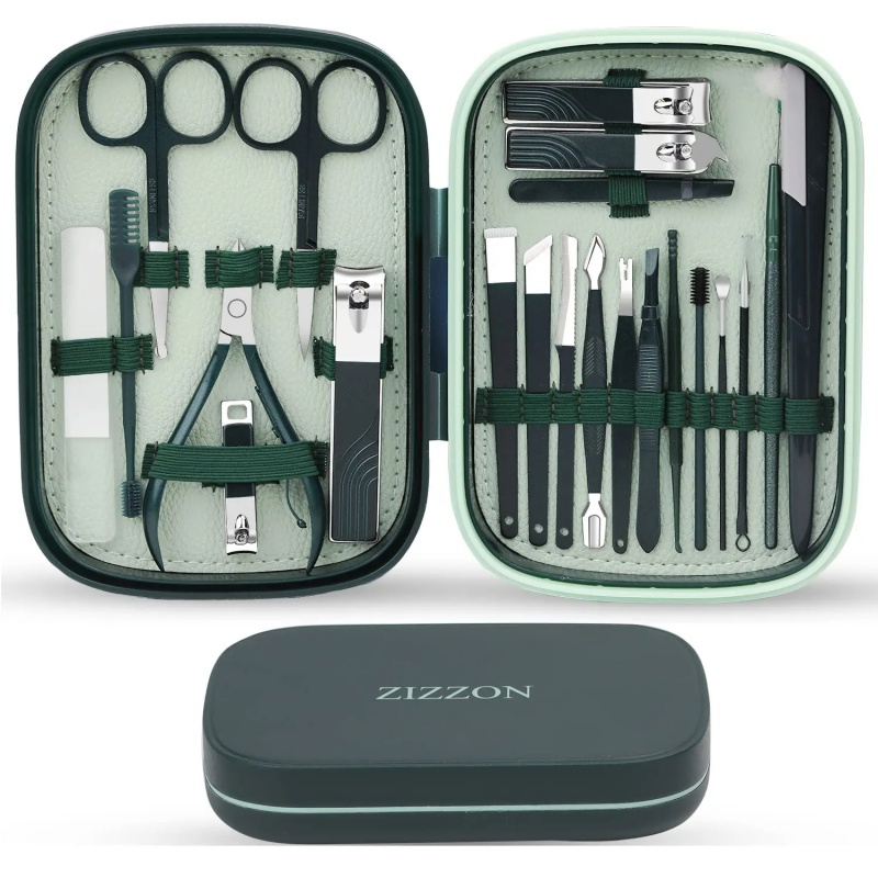 22pcs/set Manicure Set Stainless Steel Pedicure Sets Nail Clipper with Travel Case Nail Kit Set Tool Kit: green