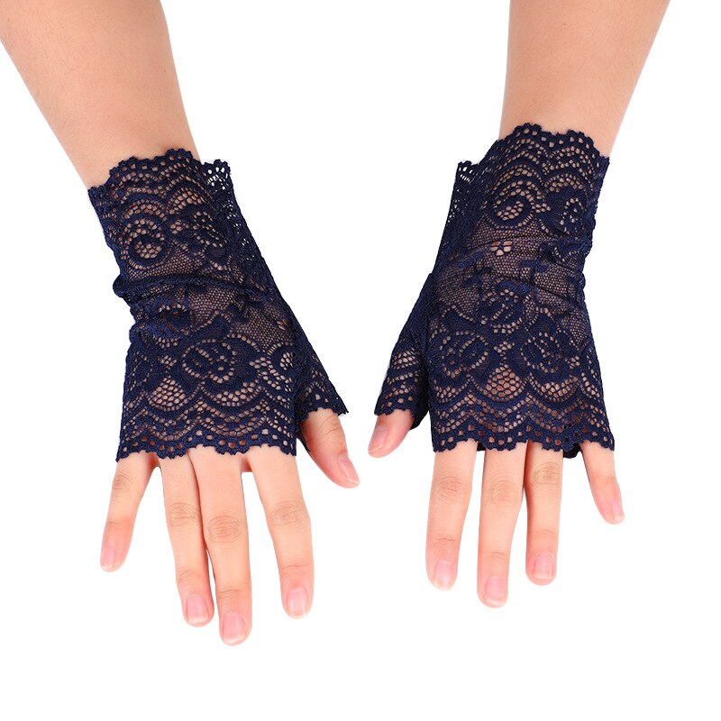 Short Lace Fingerless Gloves for Women Gothic Punk Rock Costume Fancy Harajuku Floral Lace Gloves Alt Goth Clothes Accessories: Navy Blue