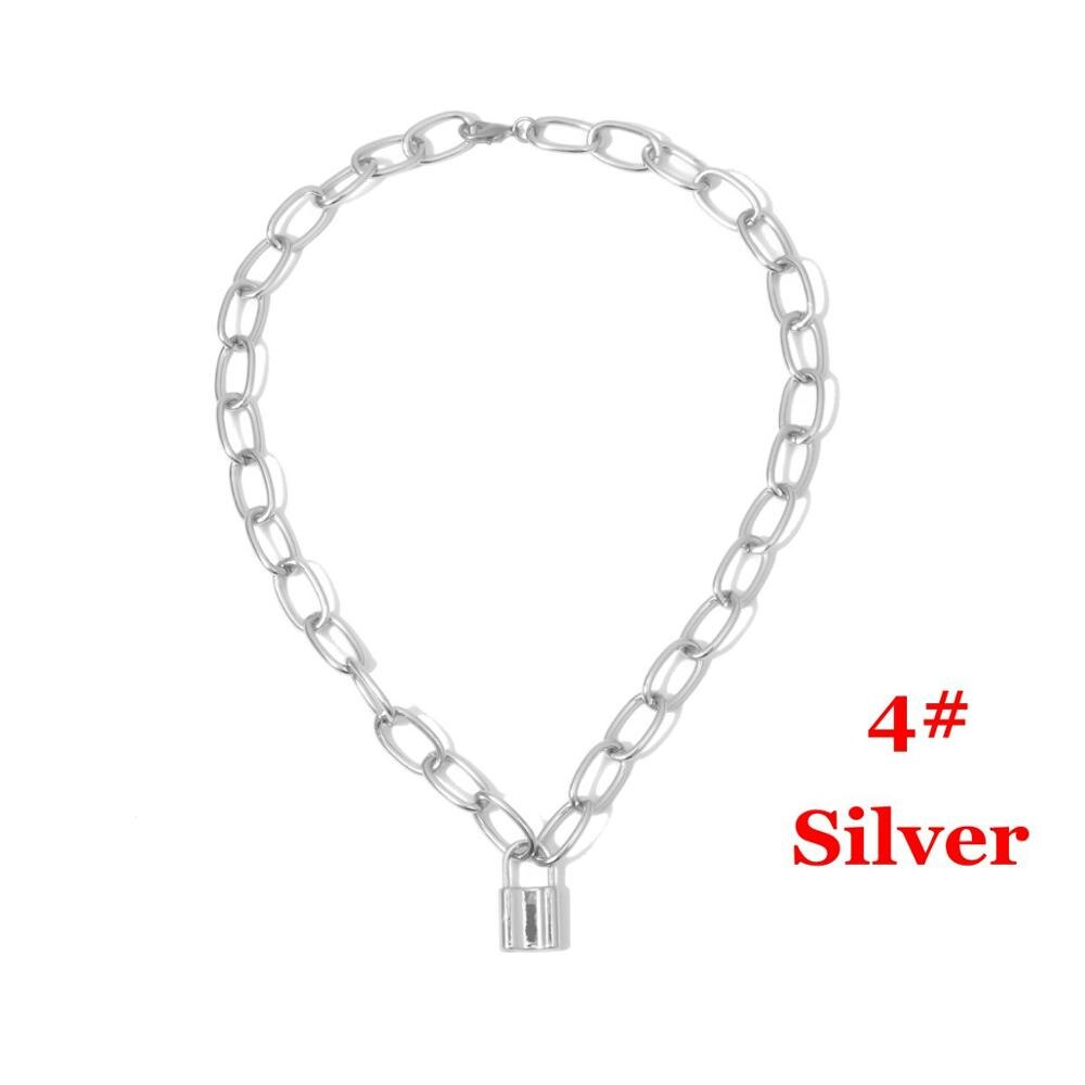 1Pcs Punk Jewelry Gold Silver Color PadLock Pendant Necklace Stainless Steel Rolo Cable Chain Necklace