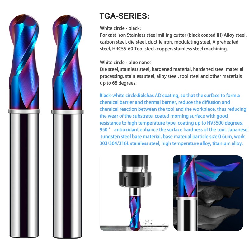 AZZKOR TGA-HRC75 2-Flute Ball End Mill Tungsten Steel Carbide Blue Nano Coating CNC Mechanical Machining Milling Cutter Tools