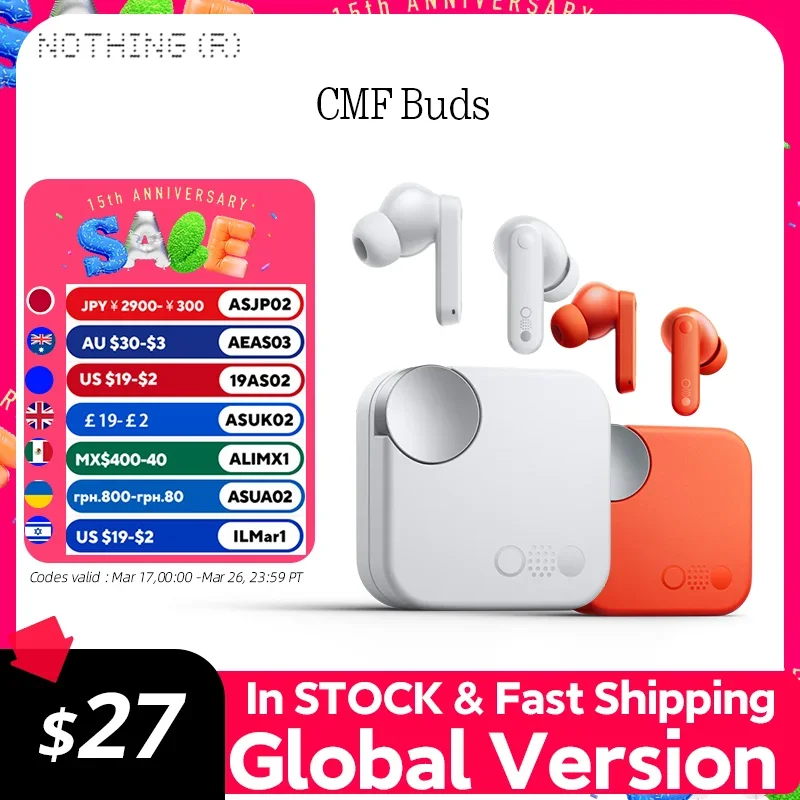 Globalna wersja CMF firmy Nothing Buds z aktywną redukcją szumów ANC o wartości 42 dB i trybem przezroczystości IP54 Bluetooth 5.3
