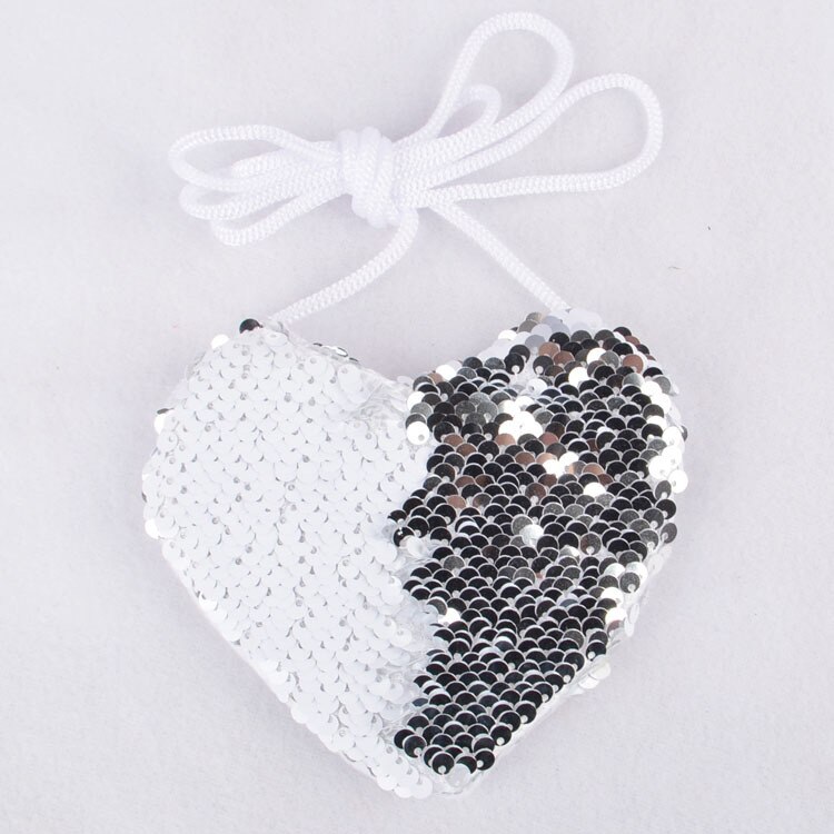 Style Heart Coin Purses PU Leather Purses Sequins Small Fresh Casual Pu Coin Wallet Girl Bag: White-Silver