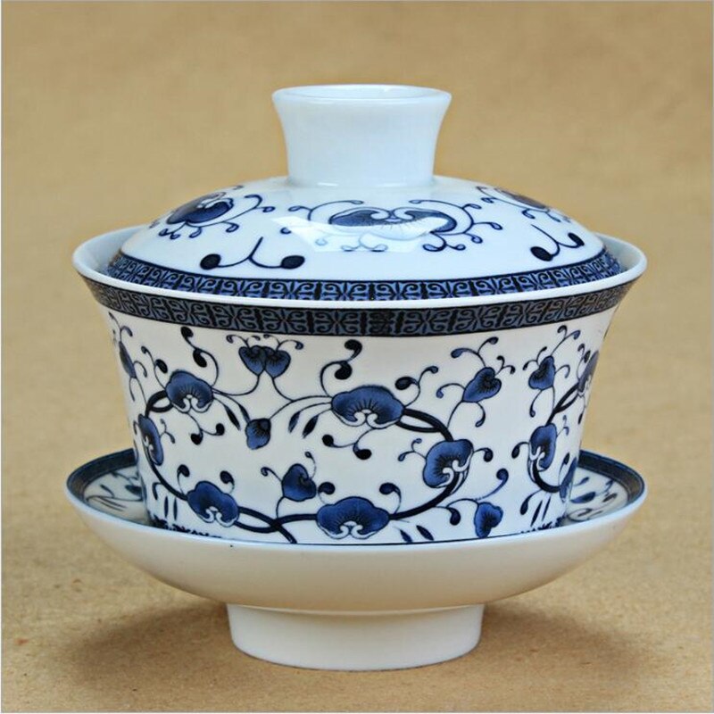 Bol à thé KungFu chinois bleu et blanc | Service à thé bleu et blanc de grande capacité de 300ml, théière Gaiwan, bol de couvercle en céramique, Service à thé