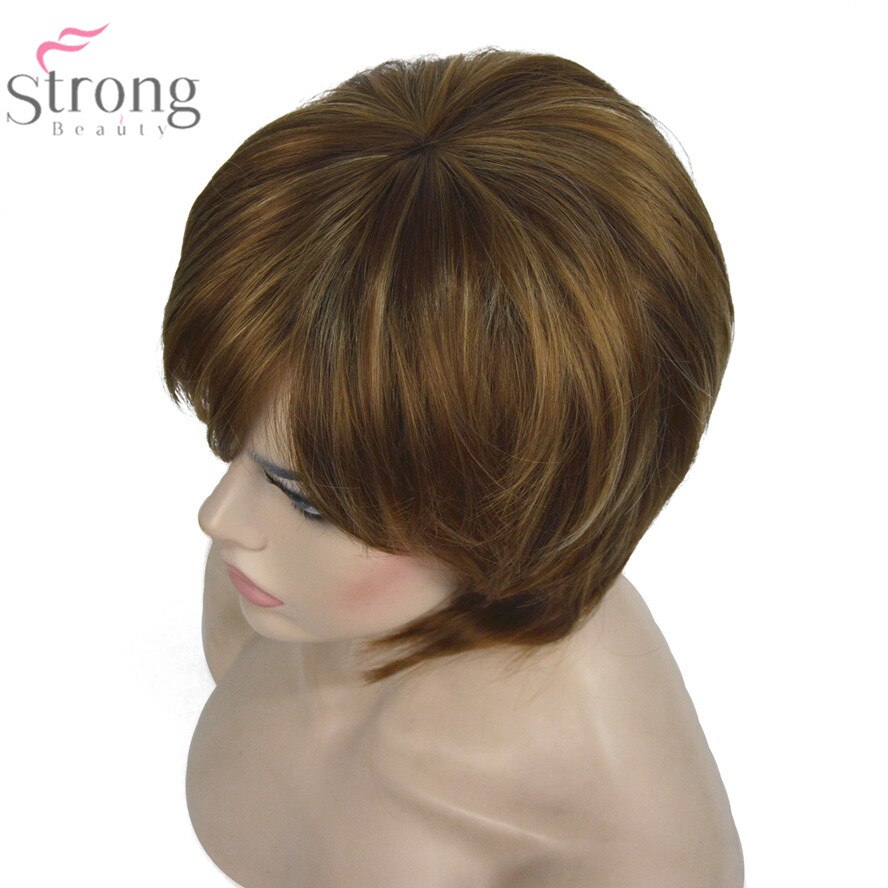 StrongBeauty Vrouwen Bob Stijl Korte Rechte Pruik Bruin met Blonde Highlights Synthetisch Natuurlijke Volledige Pruiken