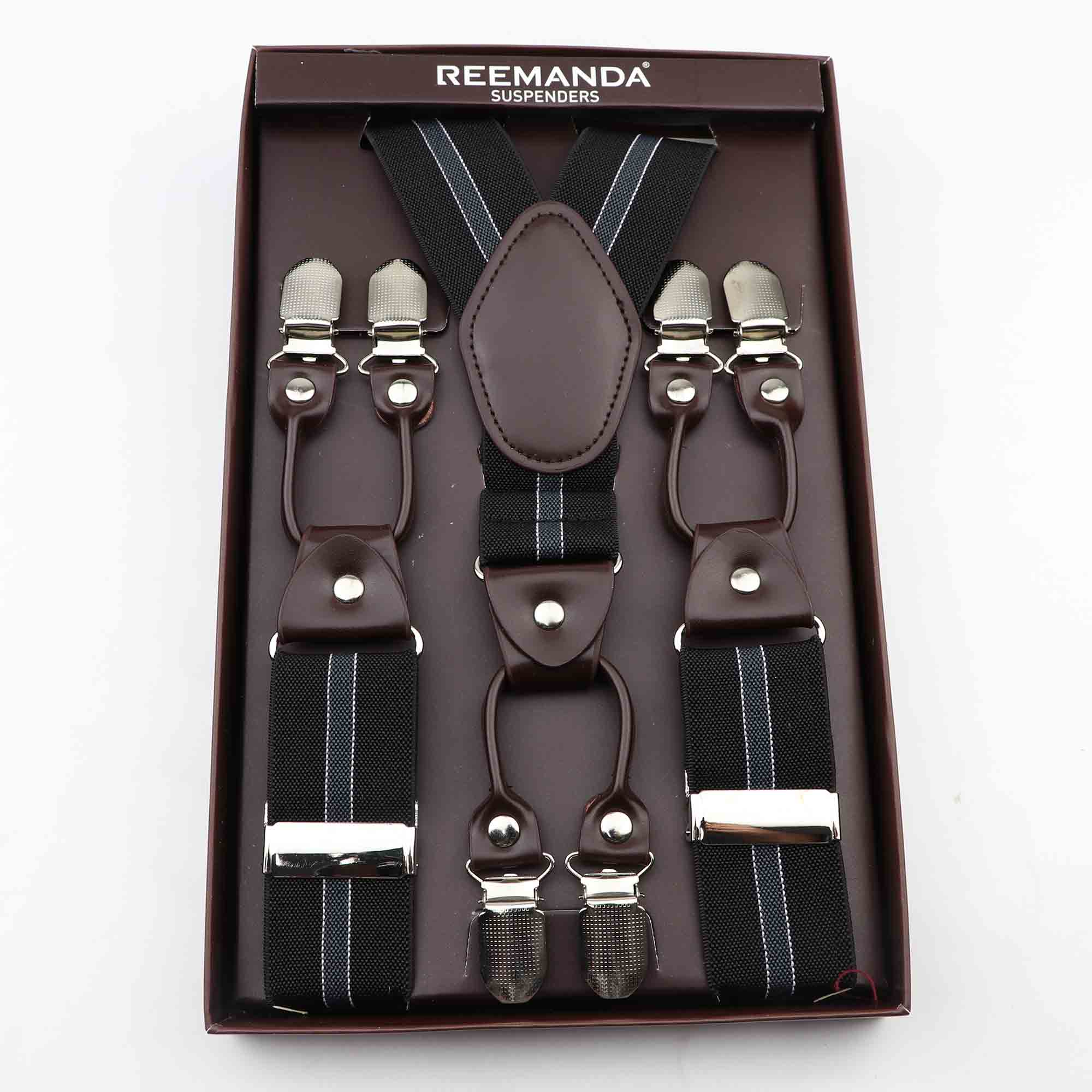 Caja de de tirantes de cuero negro, 6 Clips para tirantes, Vintage, informal, tirantes para pantalones