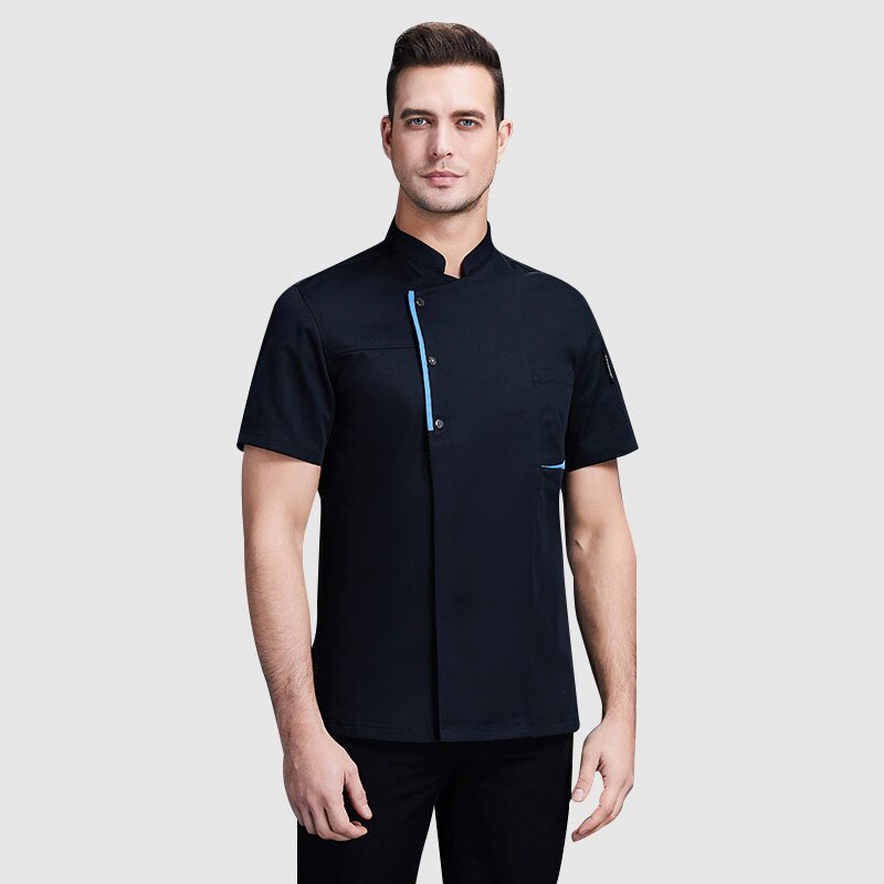 Chef uniform male chef's clothes catering hotel hotel uniforms male thin with short sleeves are three summer blue edge