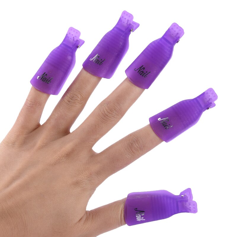 10PCS a Set Durable Reusable Plastic Nail Polish Remover Lacquer Tool Soak Off Wrap Nail Cleaner Clip Cap Remover Gel: Purple