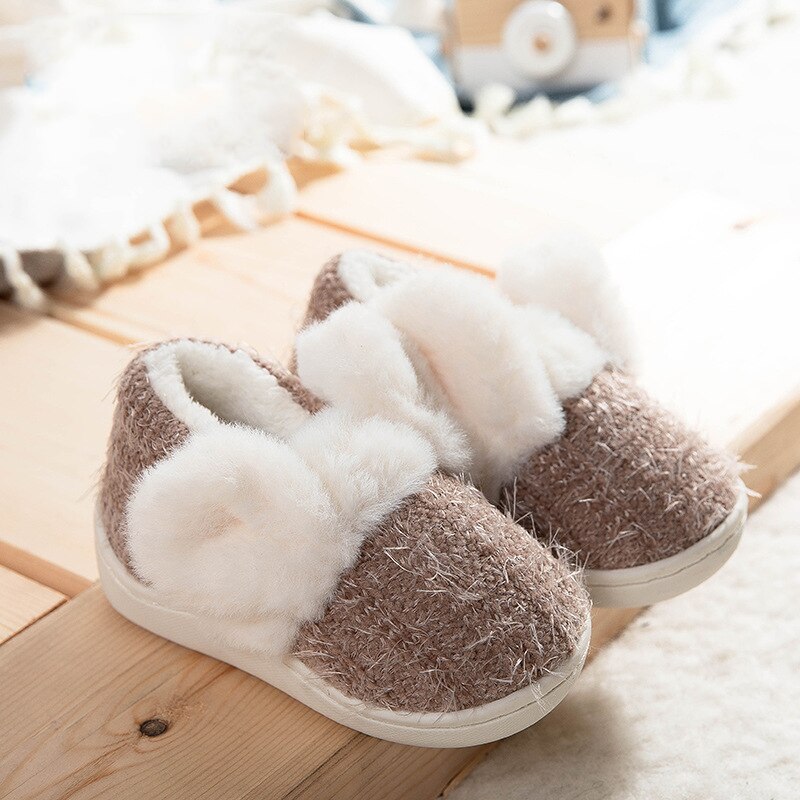 Ulknn Peuter Slippers Voor Meisjes Jongens 1-3 Jaar Winter Plus Fluwelen Warm Antislip Zachte bottom Leuke Konijn Baby Schoenen: Kaki / 14-15(Insole 14cm)