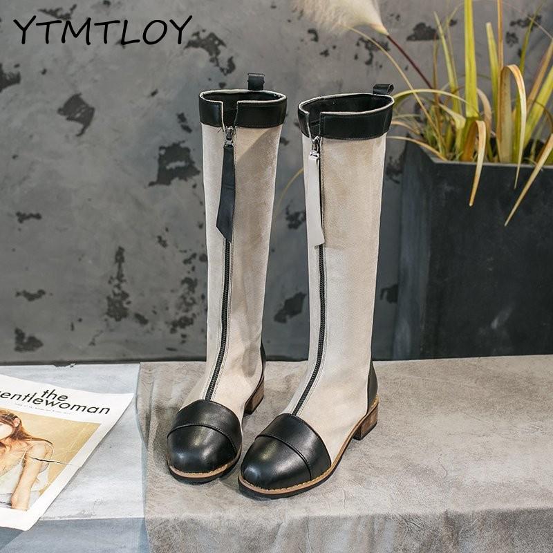 Bottes de créateur en cuir à genoux pour femmes, à bout rond, longues, épaisses, bloc, à talons hauts, noir, Beige