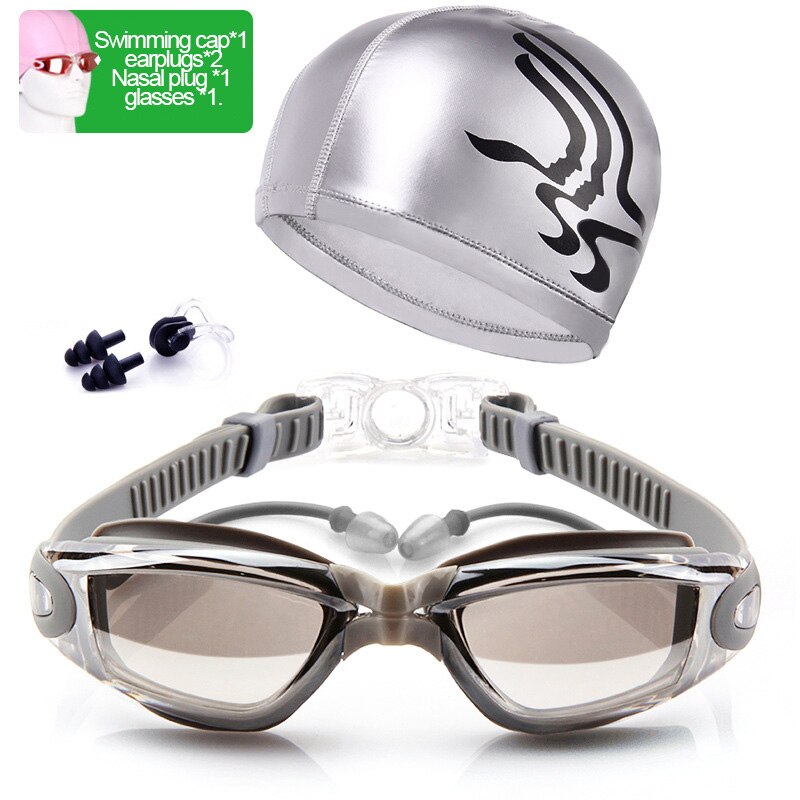 Svømmebriller voksen svømmebriller vandtæt dragt hd anti-fog 100%  uv justerbare svømmebriller til bassiner: P-sølv