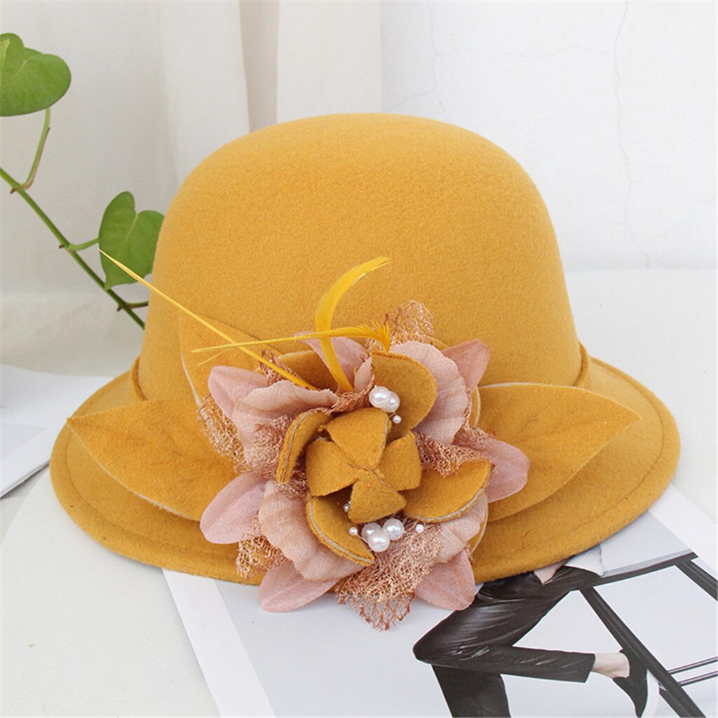 Women Flax Flower Hat Bowler Billycock Cap Sales Vintage Retro Bowler Caps Princess caps chapeau femme Hat Cap For Woman: Yellow 