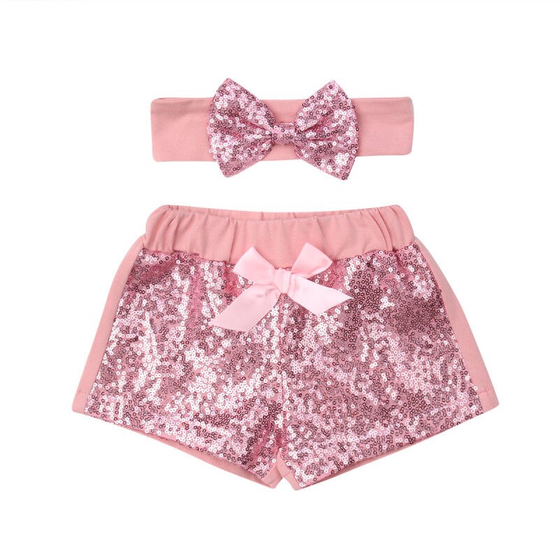 Peuter Sequin Korte Kids Baby Girl Boog-knoop Party Bling Shorts Bottoms Pailletten Broek Hoofdband Kinderkleding