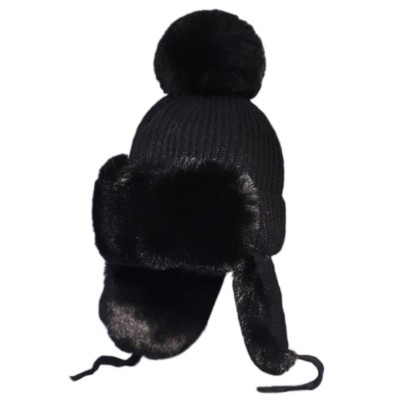 Kvinner vinterstrikk pom pom fangstmann lue tykk fluffy plysj termisk varm snø ski vindtett ensfarget lue øreklaff lokk: Svart