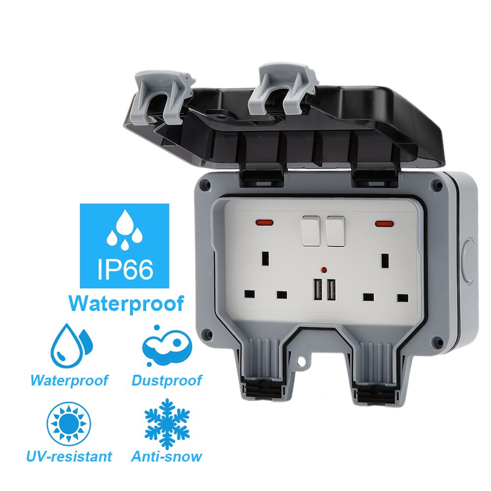 Enchufe de pared exterior IP66 impermeable, 13A, enchufe conmutado de Reino Unido con puerto de carga USB, inserción de carga