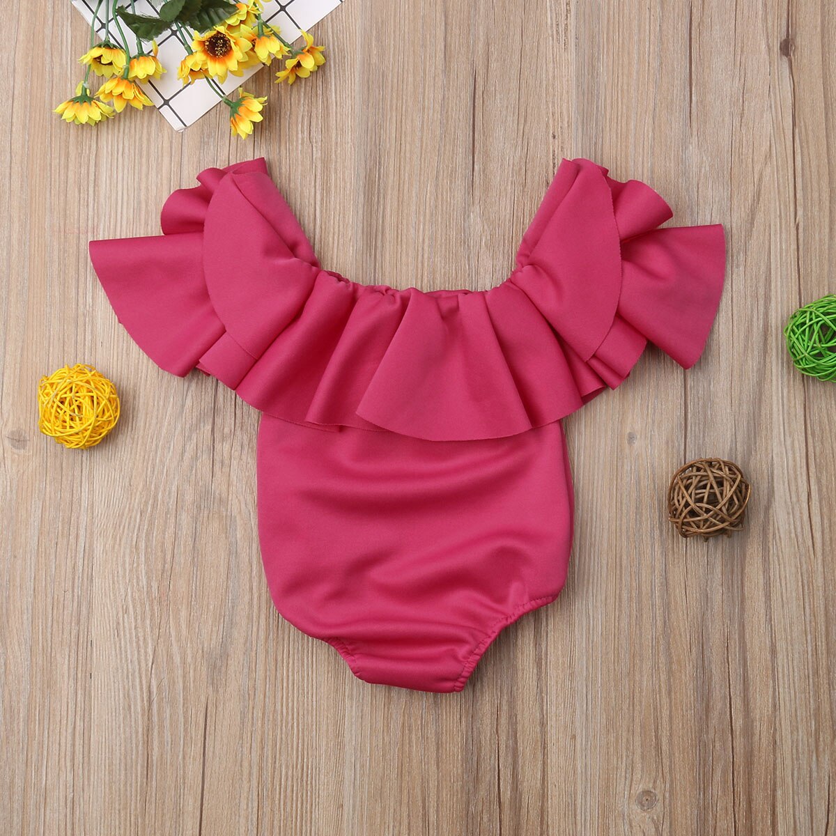 Nieuw Mooie Infant Kids Baby Meisjes Zomer Bodysuits Korte Ruches Mouwen Off Shoulder Solid Jumpsuits Outfit 0-12M