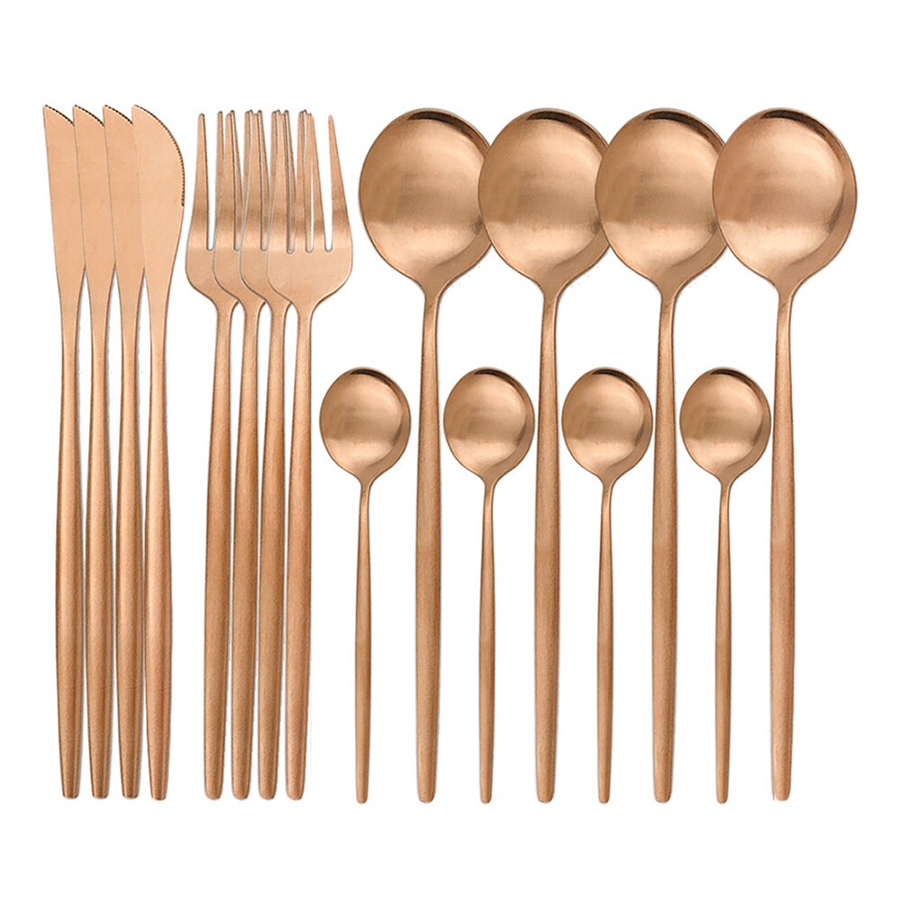 16 stk rose guld spisestel sæt guld bestik sæt rustfrit stål service kniv gaffel ske bestik sæt køkken mat sølvtøj: Rose