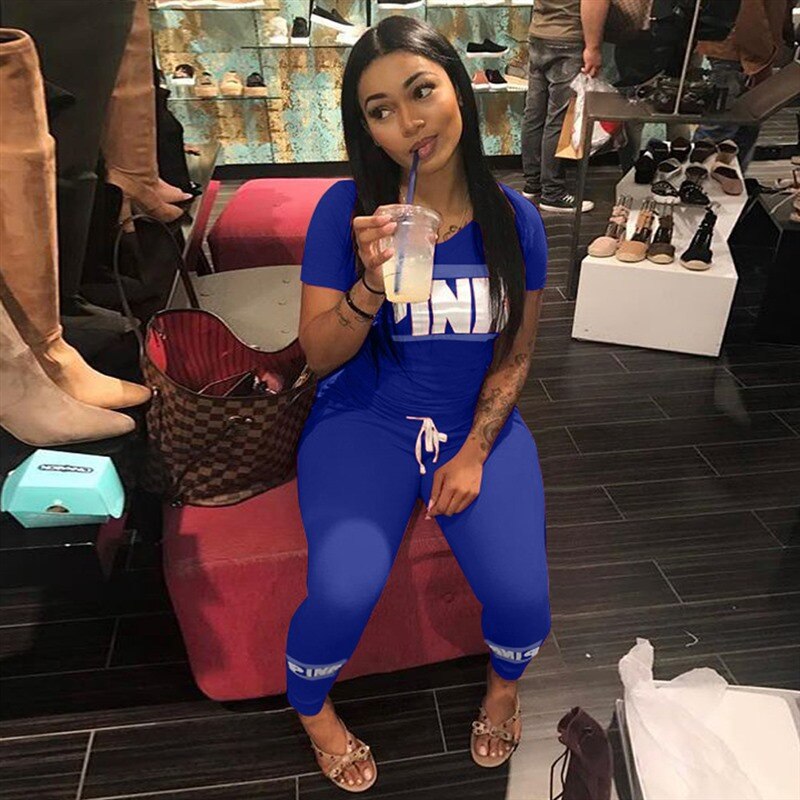 Pink Letter Print 2pcs Tracksuits Women Two Piece Set Street T-shirt Tops And Jogger Set Suits Casual 2pcs Outfits: Dark blue / S