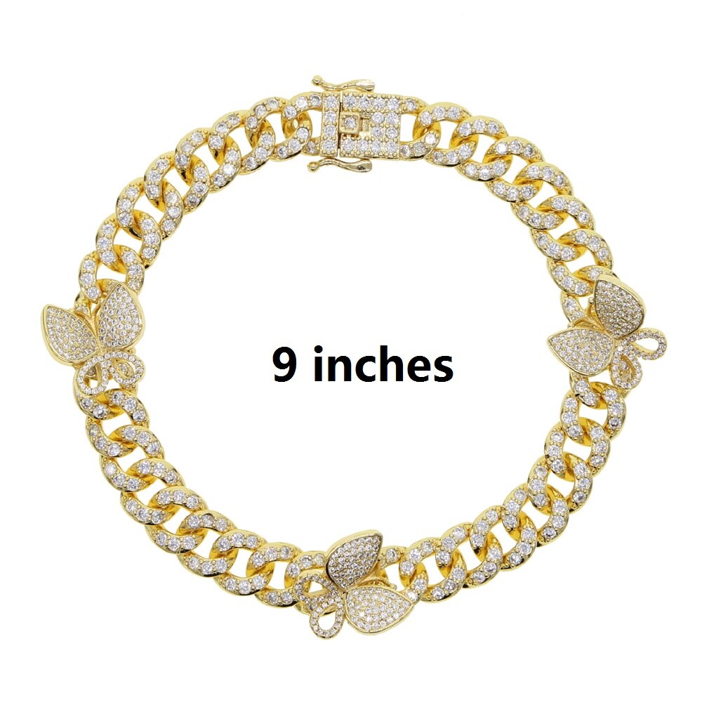 10Mm Breedte Micro Pave Cz Cubaanse Link Enkelbandje Leuke Vlinder 9Inch 10Inch Iced Out Bling Cz Miami cubaanse Enkelbandje Voet Been Sieraden: gold 23cm