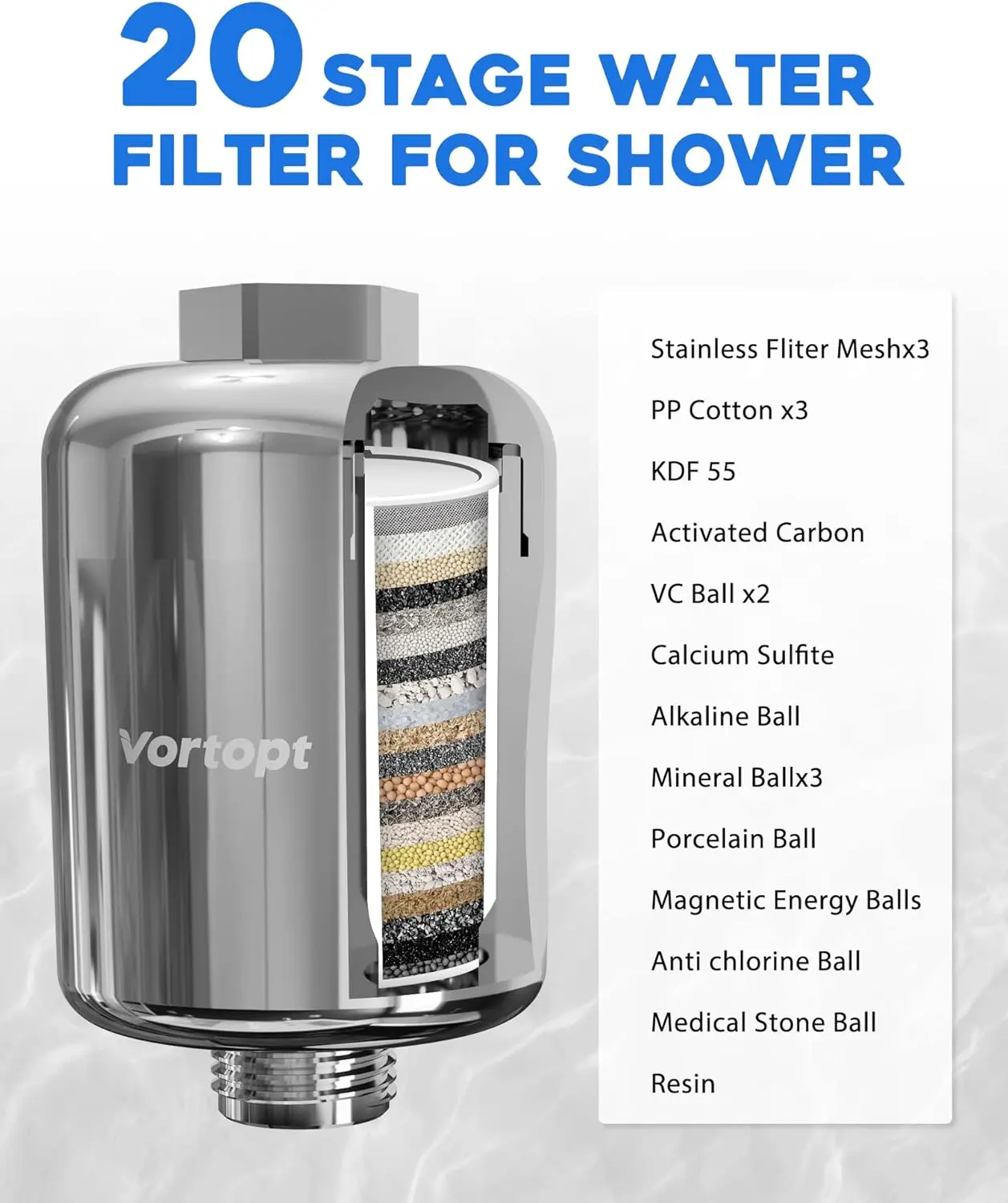 Vortopt 20- trins brusefilter db -1 brusehovedfilter til hårdt vand fjerner klor, fluorid, tungmetaller, sedimenter, urenheder