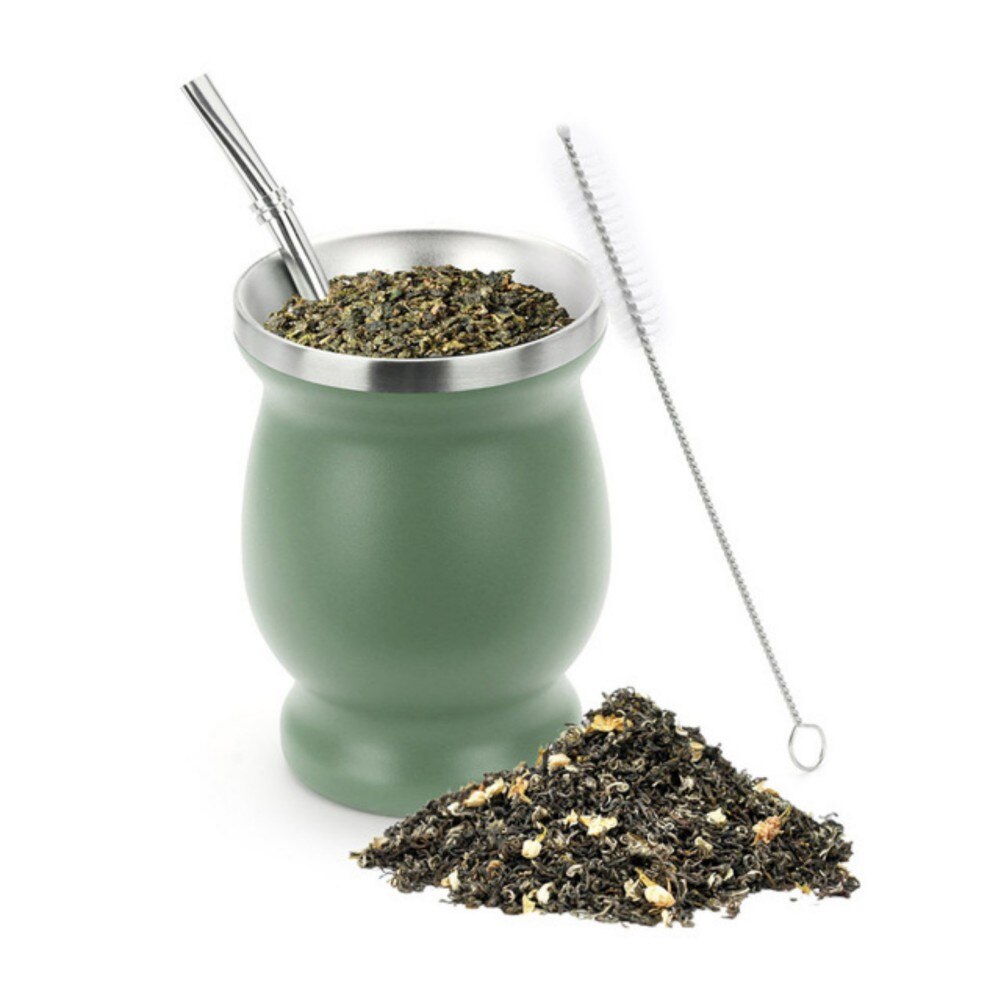 1 Set 230ML Bombilla Set Yerba Mate Gourd Stainless Steel Tea Cup with One Spoon and Brush Heat Insulation Anti Scalding: F