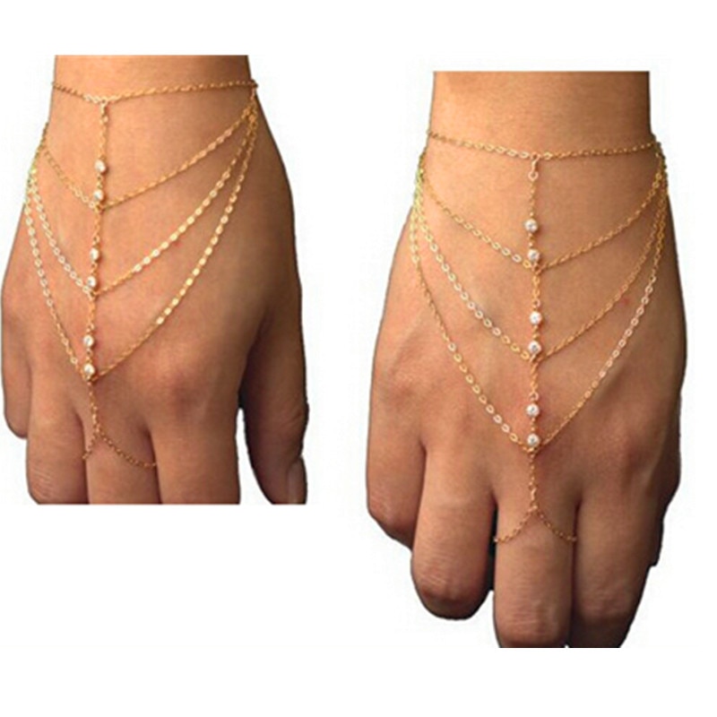Célébrité Multi chaîne gland bracelet esclave doigt anneau main chaîne harnais or ns89