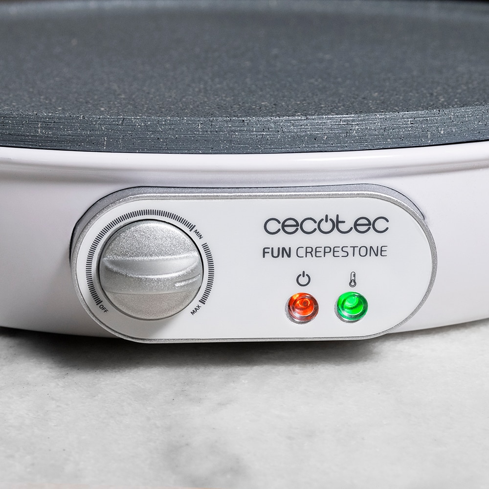Cecotec Crepera eléctrica Fun Crepestone 1000W con Revestimiento RockStone y Potencia Regulable Blanco Plancha Cocina Fácil de Limpieza Uso Seguro Placa de 30,5 cm Rodillo Esparcidor de Masa y Espátula