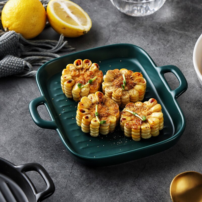 MUZITY Ceramic Baking Plate Round Porcelain Dinner Dish Special Snack or Bread Plate with Handle Bakeware