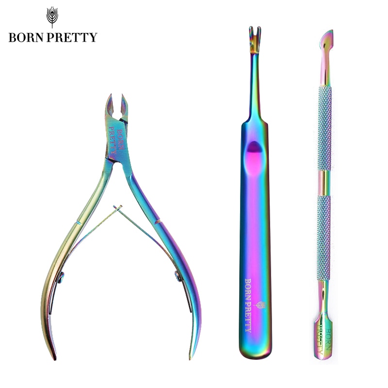 Born pretty 3- delige set nagelriemverwijderaars, regenboogzilveren dode huidsnijder, vork, nagelkunst, pedicuregereedschap