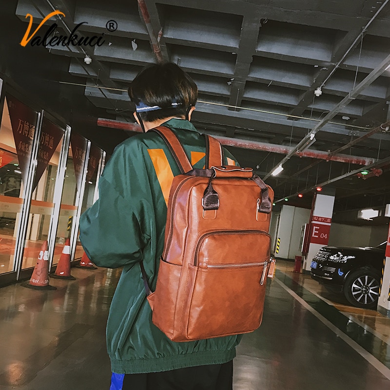 Mannen Rugzak Pu Lederen Rugzak Grote Laptop Rugzakken Mannelijke Mochilas Casual Schooltas Voor Tieners Jongens Bruin Zwart