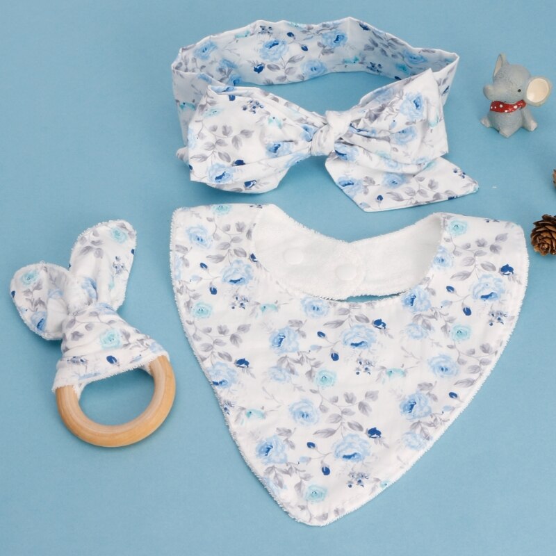 3 Pcs Baby Kaninchen Ohren Baumwolle Mischung + Holz Beißring Baumwolle Lätzchen Stirnband Infant Speichel Handtuch Pflege Set Fütterung Bib