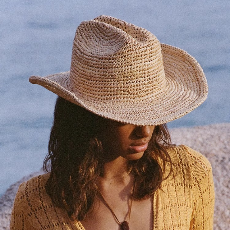 Chapéu de sol de palha de ráfia feito à mão para mulheres chapéu de cowboy de crochê de aba larga com velcro ajustável e fio de memória chapéu de praia de verão